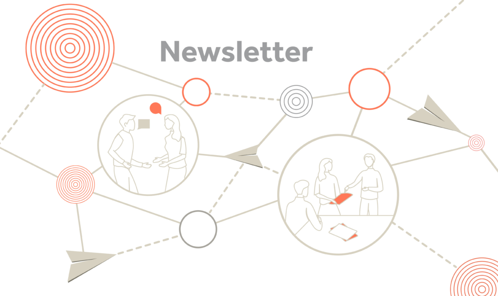 Illustrated web made up of concentric circles and bubbles connected by lines and paper airplanes. Inside the bubbles are illustrations of group work and discussions.