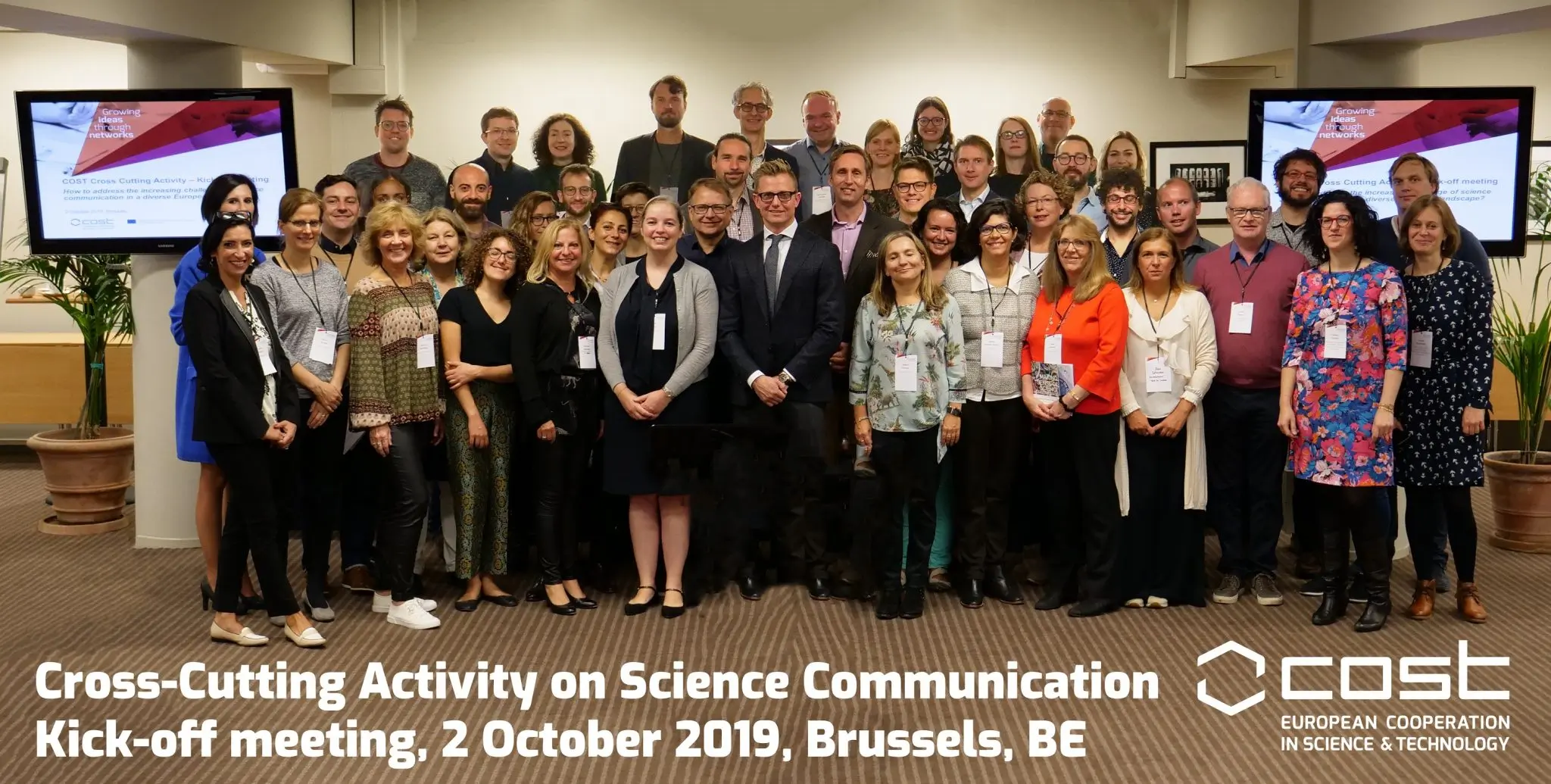 Group photo of 60+ science communication experts in the COST office for the kick-off of the CCA