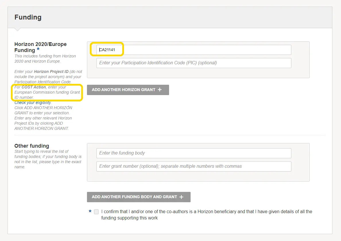 Screen shot of the ORE submission page Horizon 2020/Europe Funding with a box where you insert your COST Action number